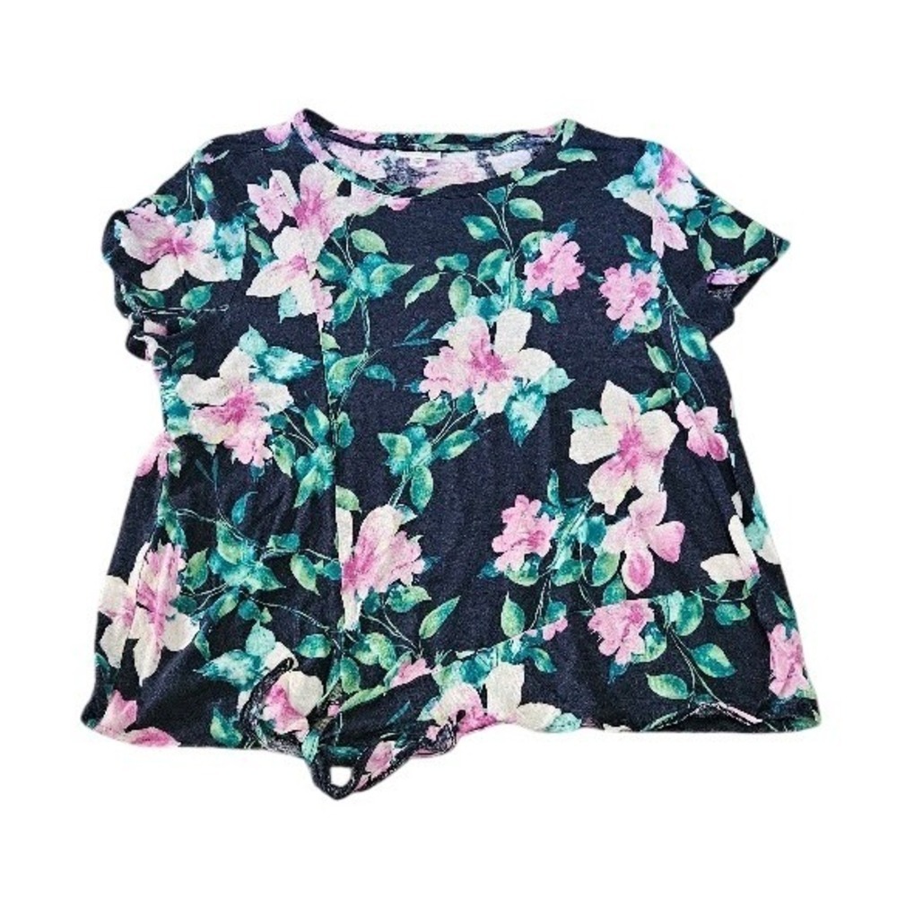 J. Jill Love Linen Women XL Navy Floral Tie Front Short Sleeve Top 100% Linen